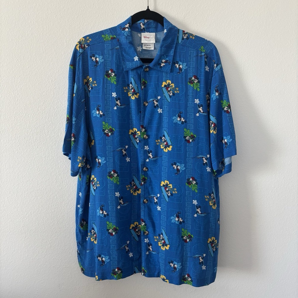 Disney Mickey Mouse Hawaiian Shirt Blue Surfboard‎ Aloha Casual Button Up Mens M